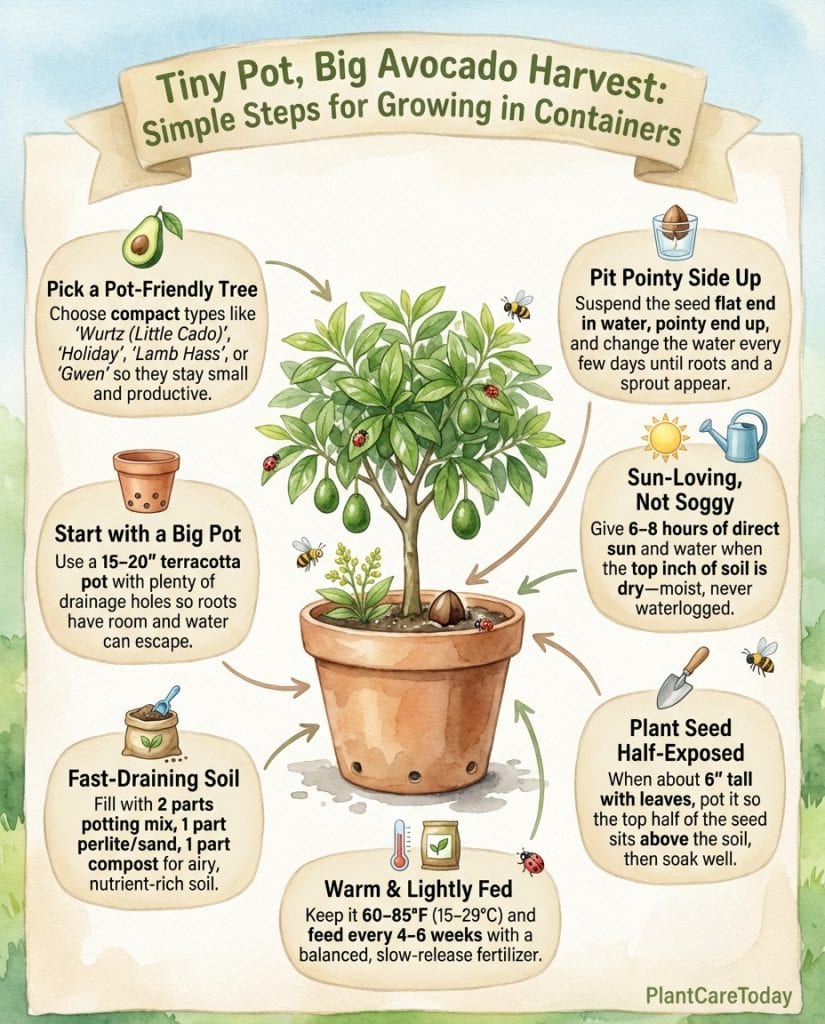 C_10771_iudJ3_container-avocado-growing-secrets-f1 Container avocado tree infographic showing pot setup steps and care requirements for balcony growing