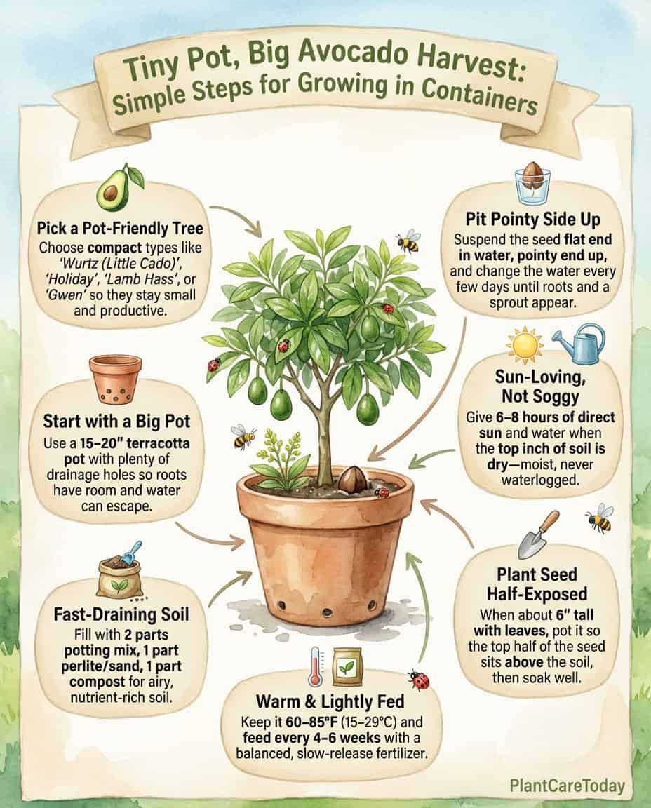Container avocado tree infographic showing pot setup steps and care requirements for balcony growing