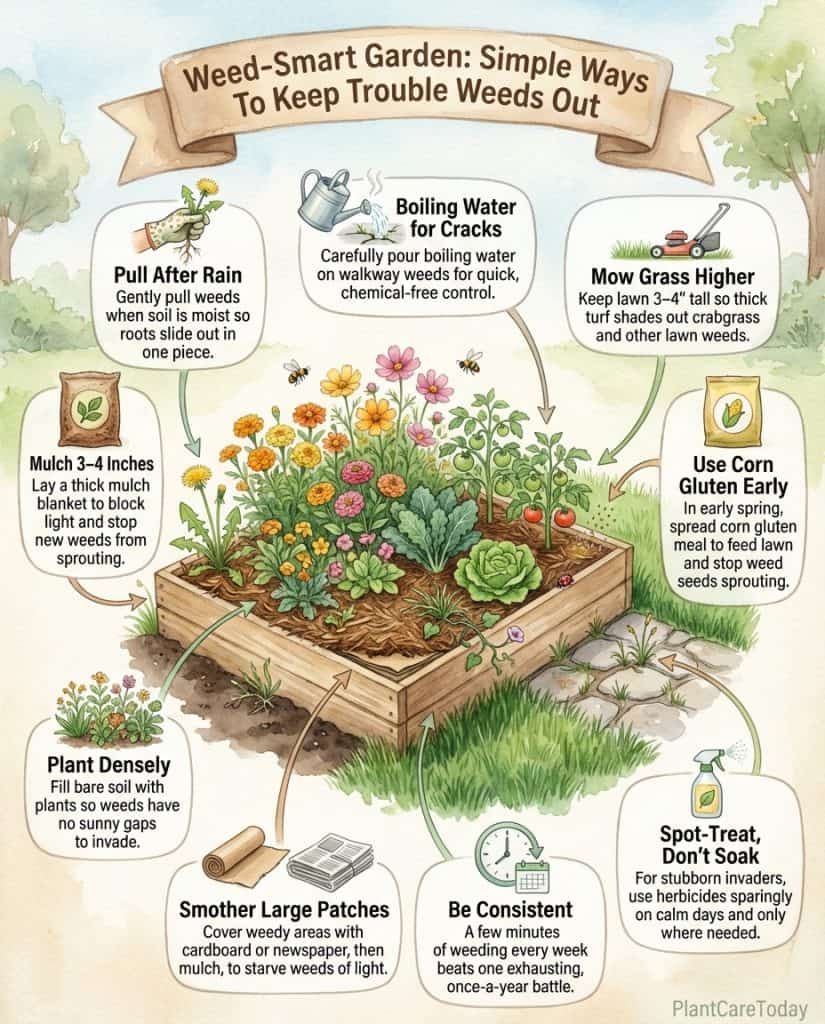 Infographic displaying ten common garden weeds with identification photos and control methods