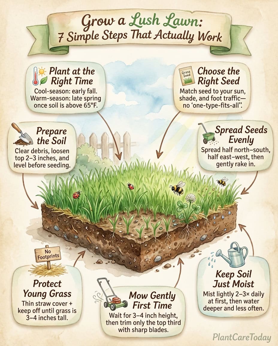 Lawn seeding infographic showing optimal timing windows by grass type with watering schedule chart