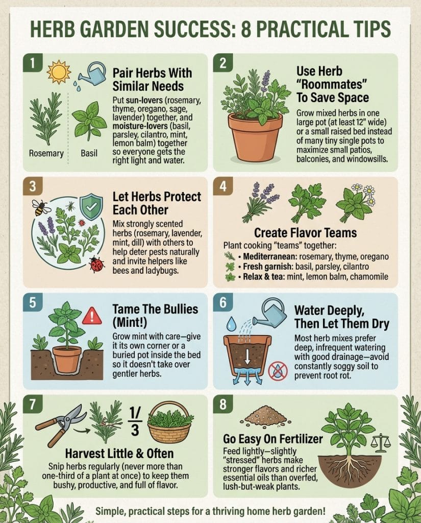 C_10780_w8sqK_herb-companion-planting-pairings-f1 Herb companion planting infographic showing compatible pairings with growth and pest protection benefits