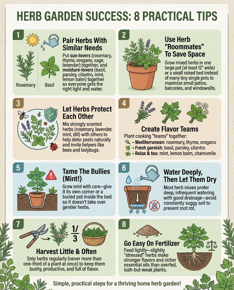 Herb companion planting infographic showing compatible pairings with growth and pest protection benefits