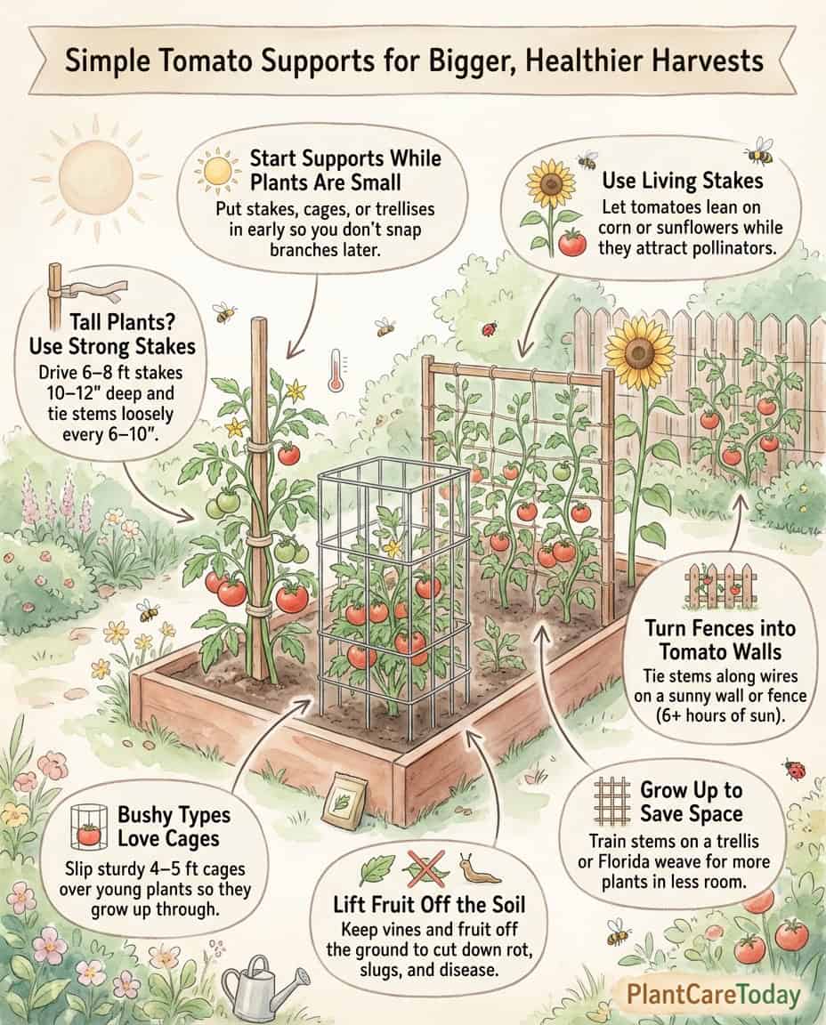 Tomato plant support methods infographic displaying seven different staking and trellising techniques