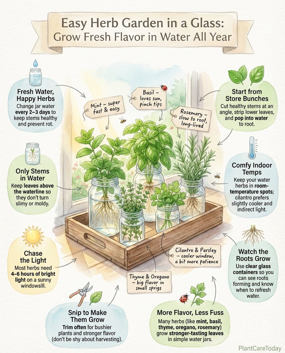 Infographic showing basil stem propagation in water with step-by-step container setup instructions