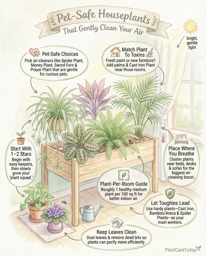 Infographic displaying 13 pet-safe houseplants with air purifying properties and care icons