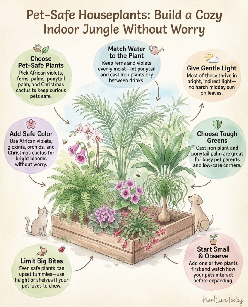 C_10792_mDsE4_pet-safe-houseplants-nontoxic-f1 Pet-safe houseplants infographic displaying nine non-toxic varieties with identification photos