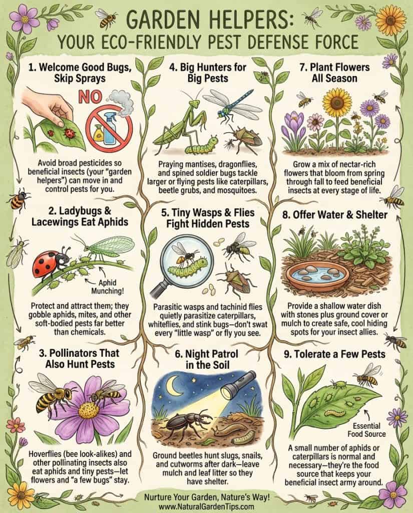 Infographic displaying nine beneficial garden insects with identification photos and pest control roles
