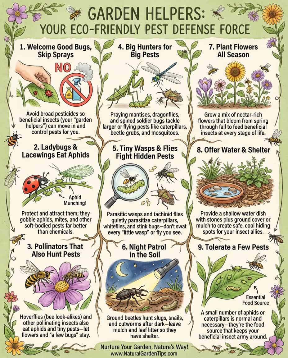 Infographic displaying nine beneficial garden insects with identification photos and pest control roles