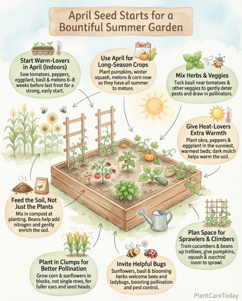 Infographic displaying 13 vegetable and herb seeds to plant in April with timing guidelines
