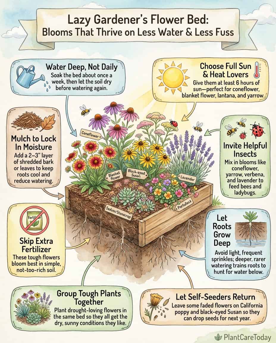 Drought-tolerant flower infographic displaying water-wise plant varieties with root system diagrams