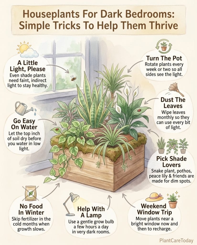 C_10813_29bsr_dark-bedroom-plant-survivors-f1 Low-light houseplant infographic displaying seven indoor plant varieties for dark rooms with care guidelines