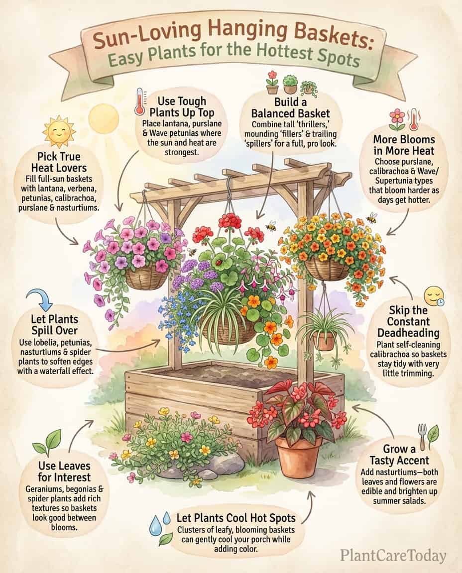 Infographic displaying eleven heat-tolerant hanging basket plants with sun exposure icons and care notes