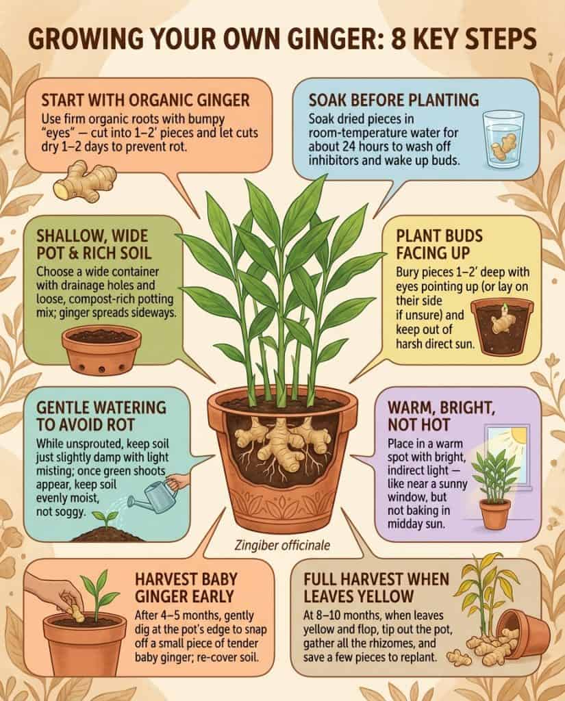 Ginger growing infographic showing planting preparation steps and early care techniques
