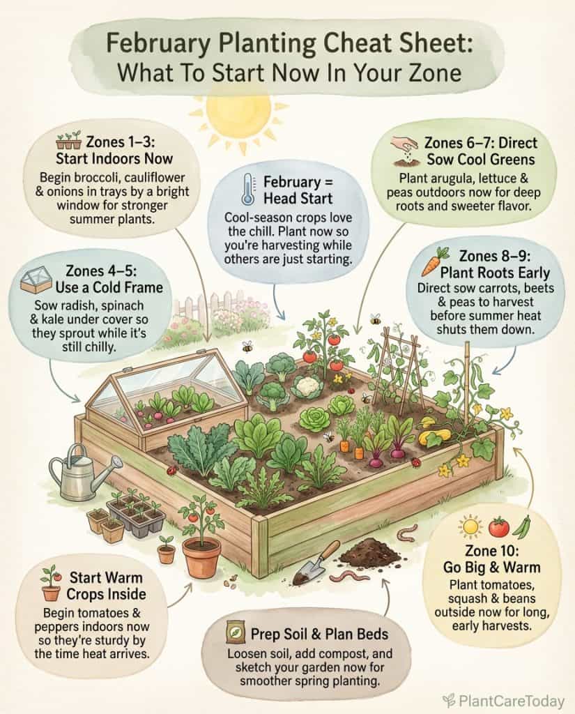 C_10828_hqcgW_february-planting-zone-guide-f1 Infographic displaying February planting guide with crop recommendations organized by USDA hardiness zones