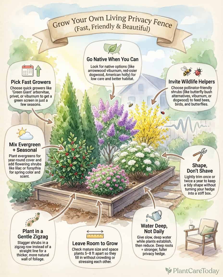 Infographic displaying twelve fast-growing privacy bush varieties with growth rates and regional suitability