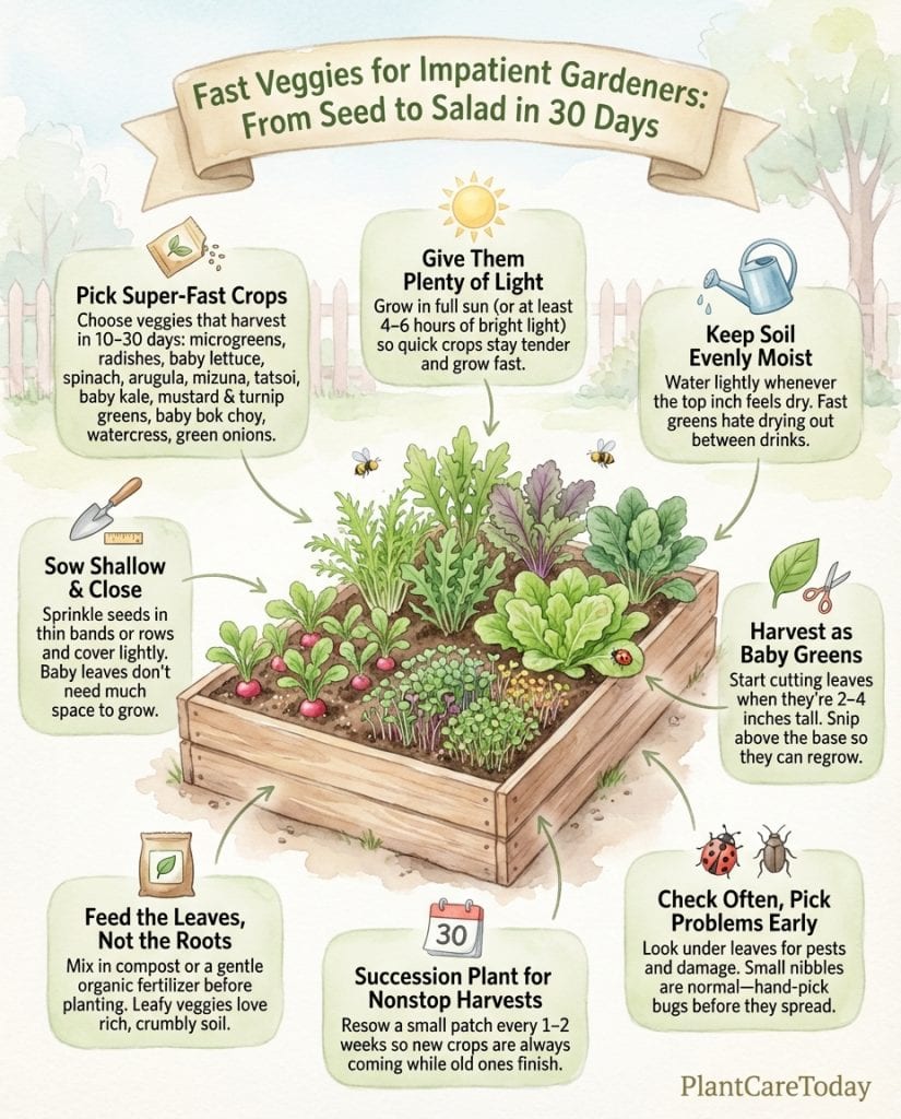 Infographic listing 13 fast-growing vegetables with days-to-harvest timeline for each crop