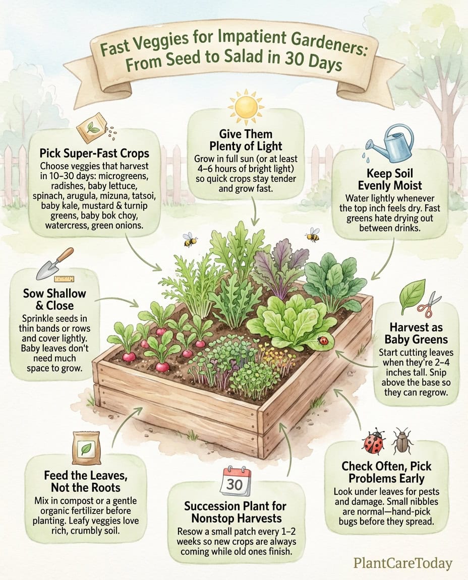 Infographic listing 13 fast-growing vegetables with days-to-harvest timeline for each crop