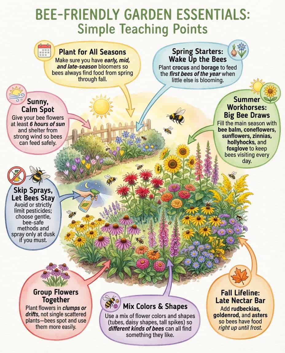 Infographic displaying eleven bee-attracting flowers with seasonal bloom times and planting layout