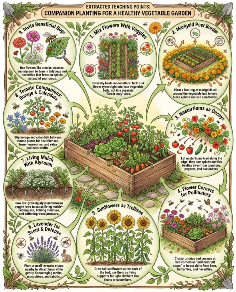 C_10837_AZ7x4_flowers-boost-vegetable-garden-f1 Companion planting infographic showing flowering plants paired with vegetables and their benefits