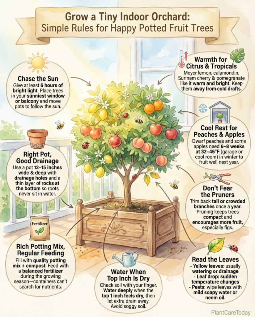 Infographic displaying seven container-friendly fruit tree varieties with pot size requirements
