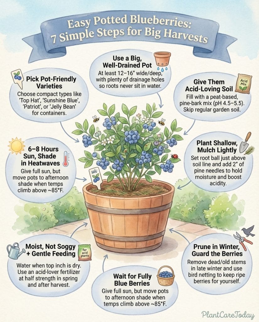 Container blueberry care infographic showing soil pH requirements and common planting mistakes