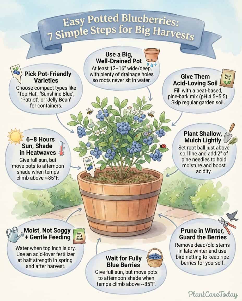 Container blueberry care infographic showing soil pH requirements and common planting mistakes