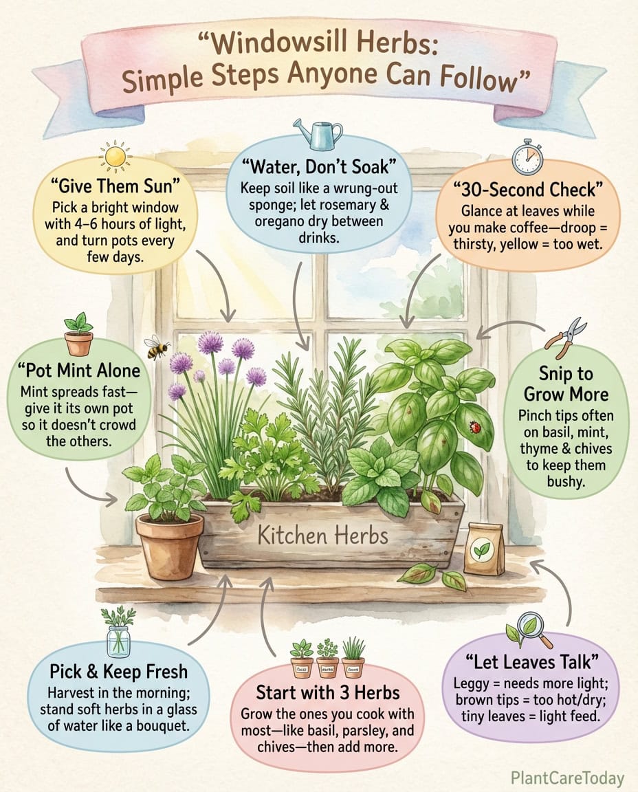 Indoor herb growing infographic showing nine easy-to-grow varieties with care tips and windowsill setup guide