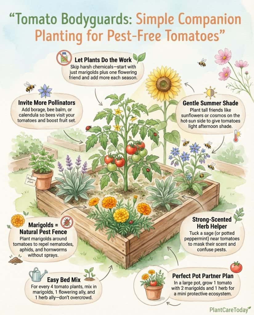 C_10854_vGY1f_tomato-companion-planting-guide-f1 Tomato companion planting infographic showing nine beneficial plant partnerships with spacing layout
