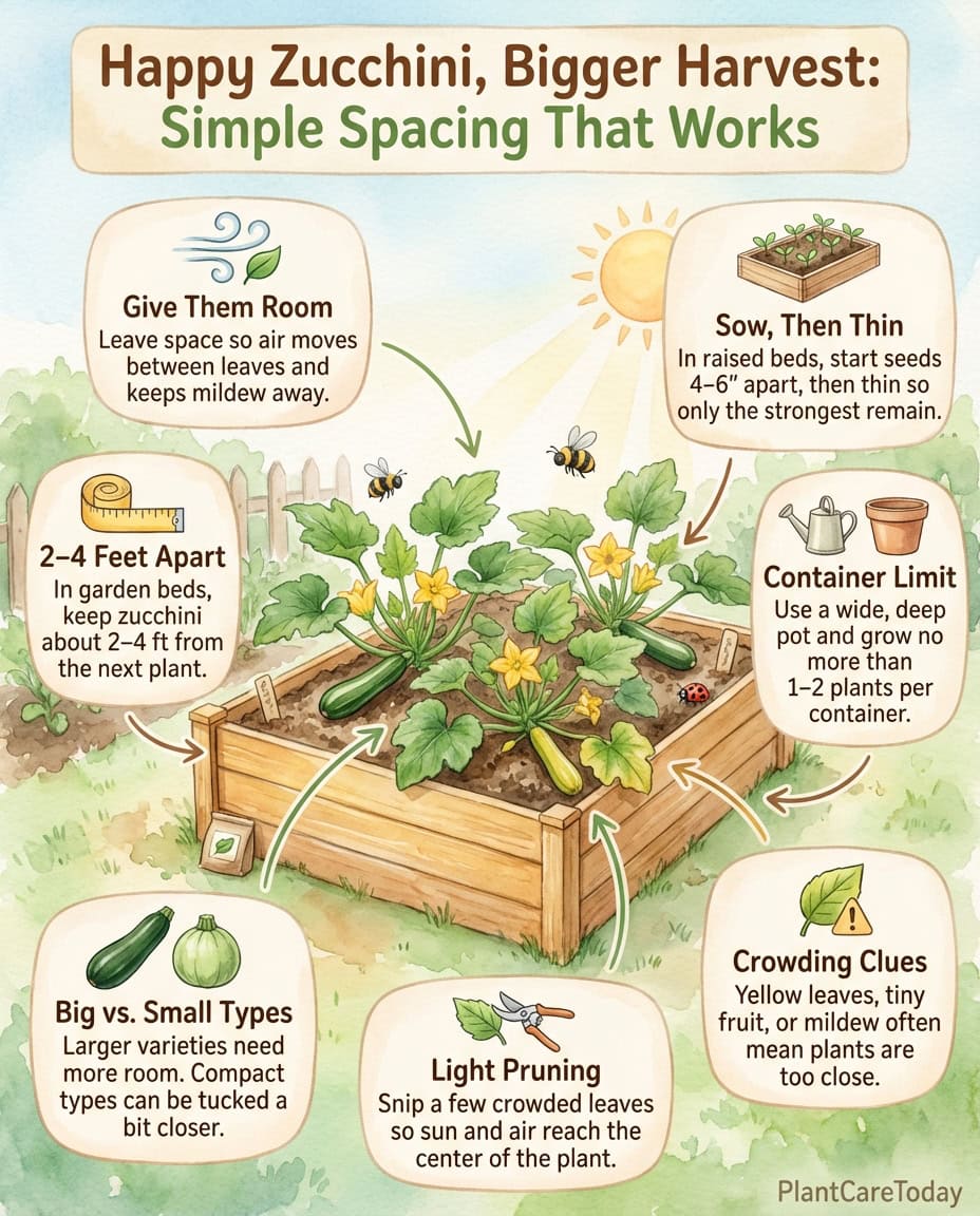 Zucchini spacing infographic showing proper plant distances and comparison of crowded vs correctly spaced plants