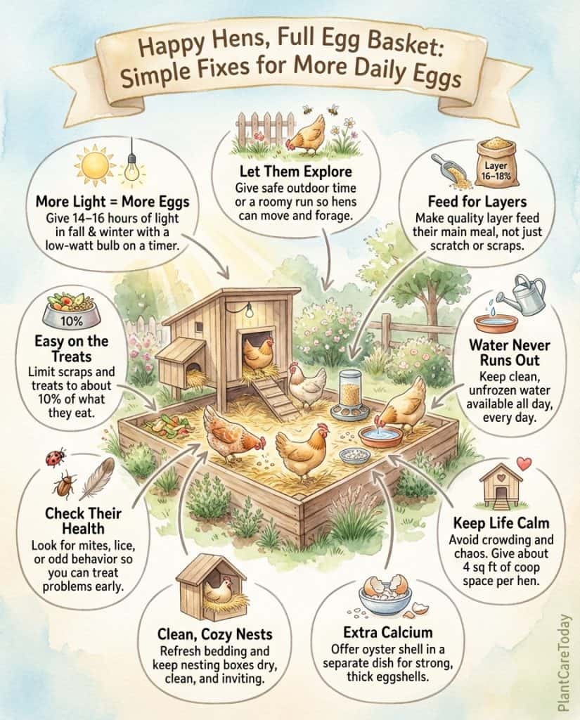 Chicken care infographic displaying nine factors affecting daily egg production with icons and tips
