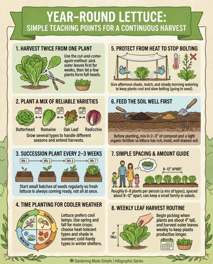 Lettuce harvesting infographic showing cut-and-come-again method with leaf removal technique illustrations