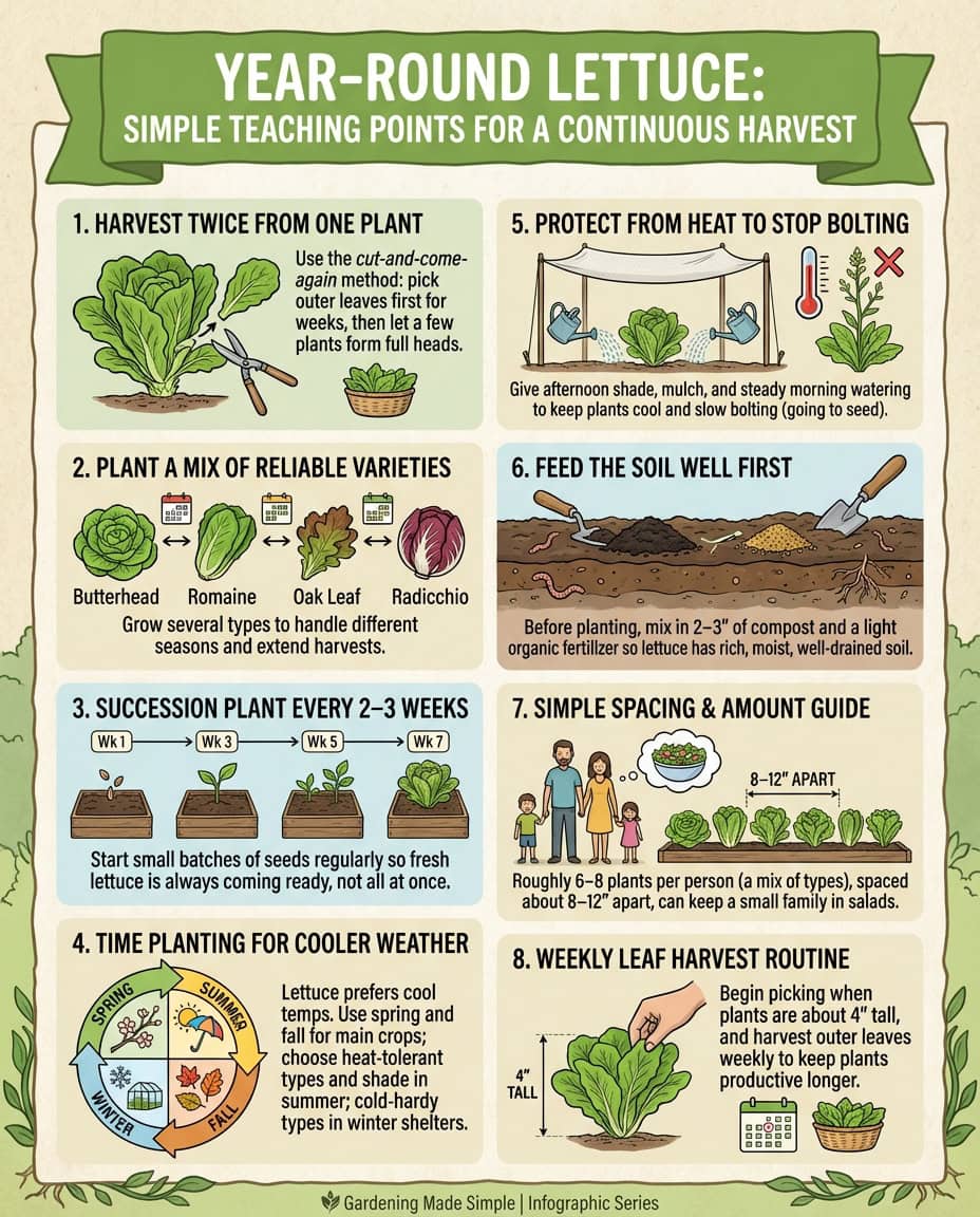 Lettuce harvesting infographic showing cut-and-come-again method with leaf removal technique illustrations