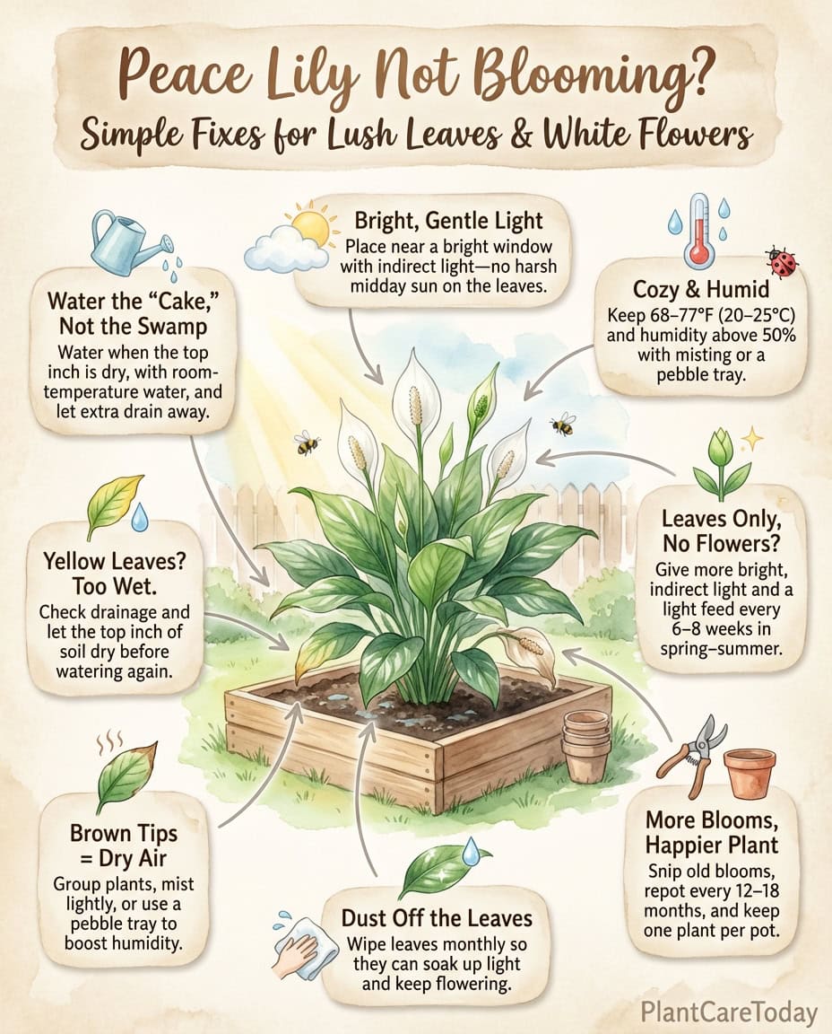 Infographic explaining peace lily blooming requirements with light condition comparisons and care tips