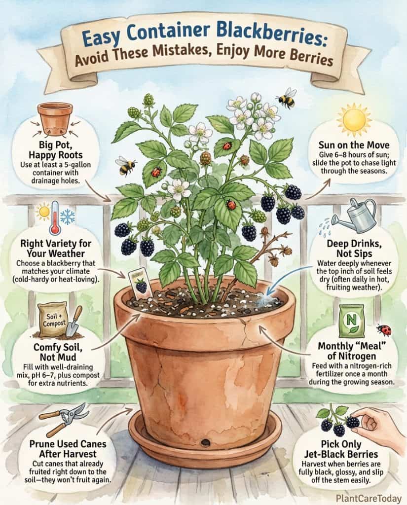 Container blackberry growing infographic showing pot setup steps and care requirements for small spaces