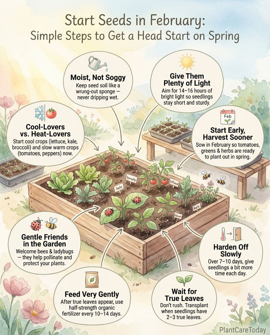 Infographic displaying February indoor seed starting timeline with seedling types and planting schedules