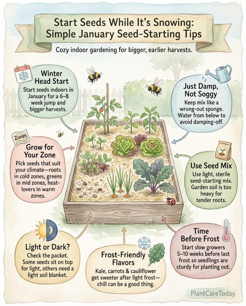 Infographic showing indoor tomato seed-starting process with timeline and windowsill setup examples