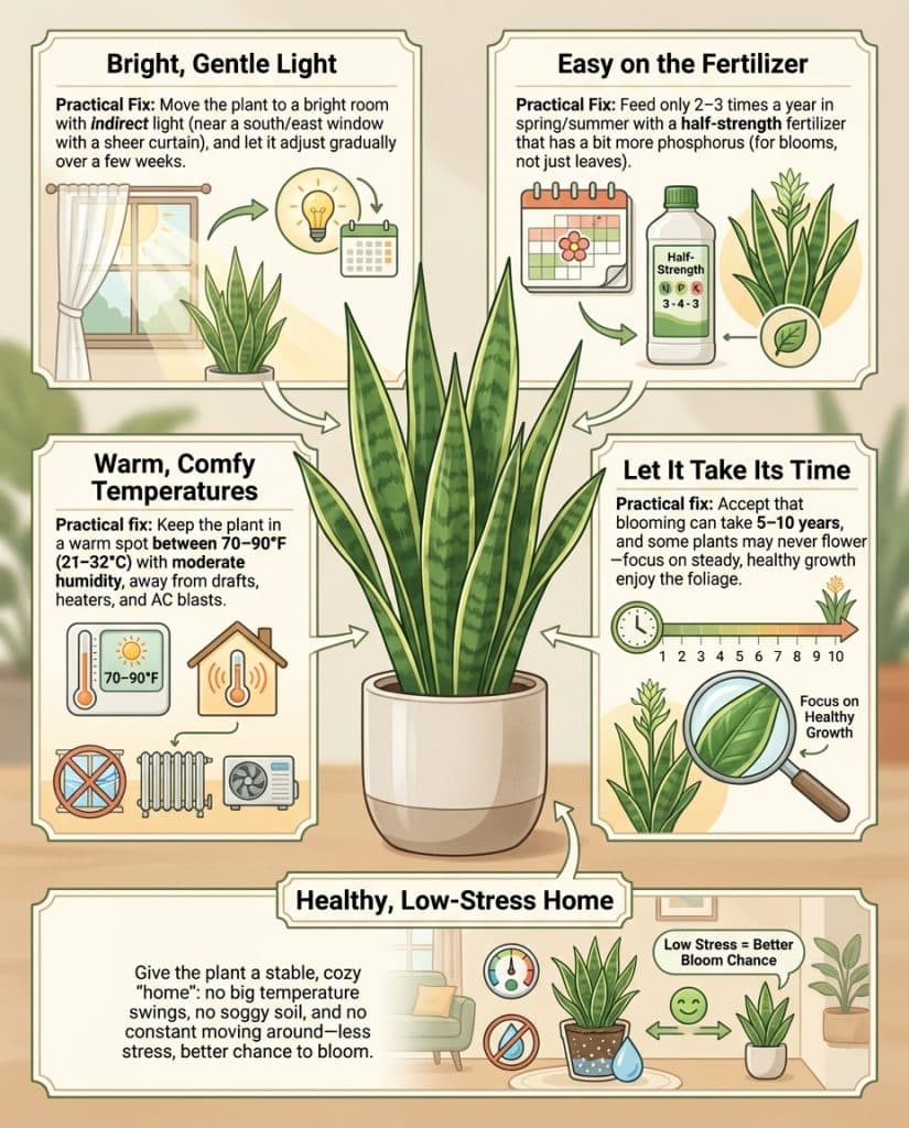 Snake plant flowering infographic showing common care mistakes that prevent blooms with visual corrections