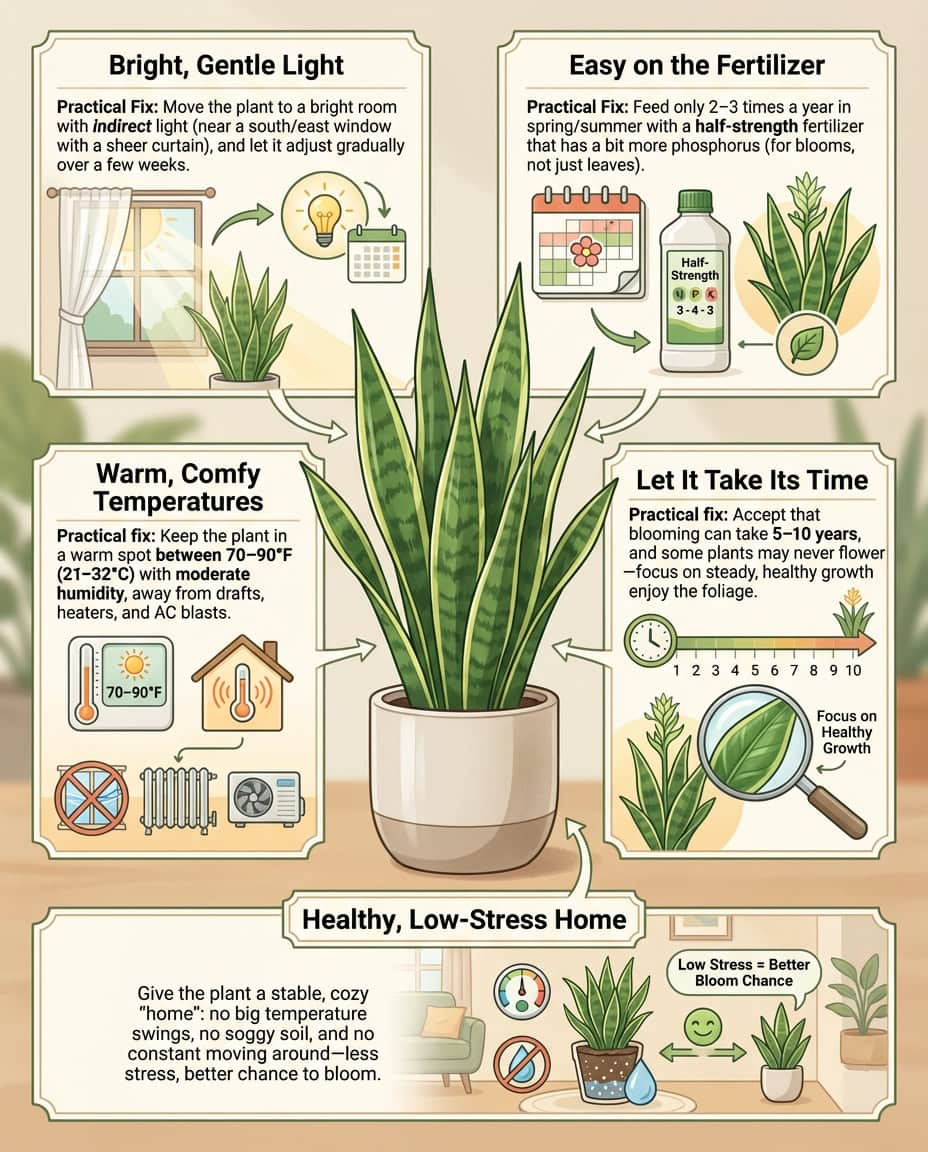 Snake plant flowering infographic showing common care mistakes that prevent blooms with visual corrections