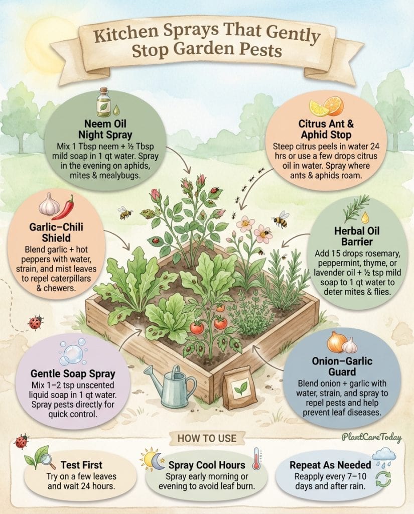Natural pest control infographic showing six DIY kitchen ingredient remedies with comparison to commercial pesticides