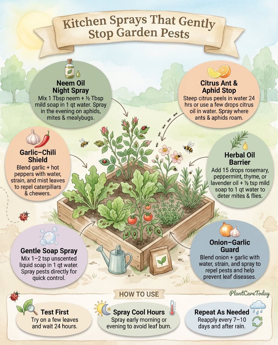 Natural pest control infographic showing six DIY kitchen ingredient remedies with comparison to commercial pesticides