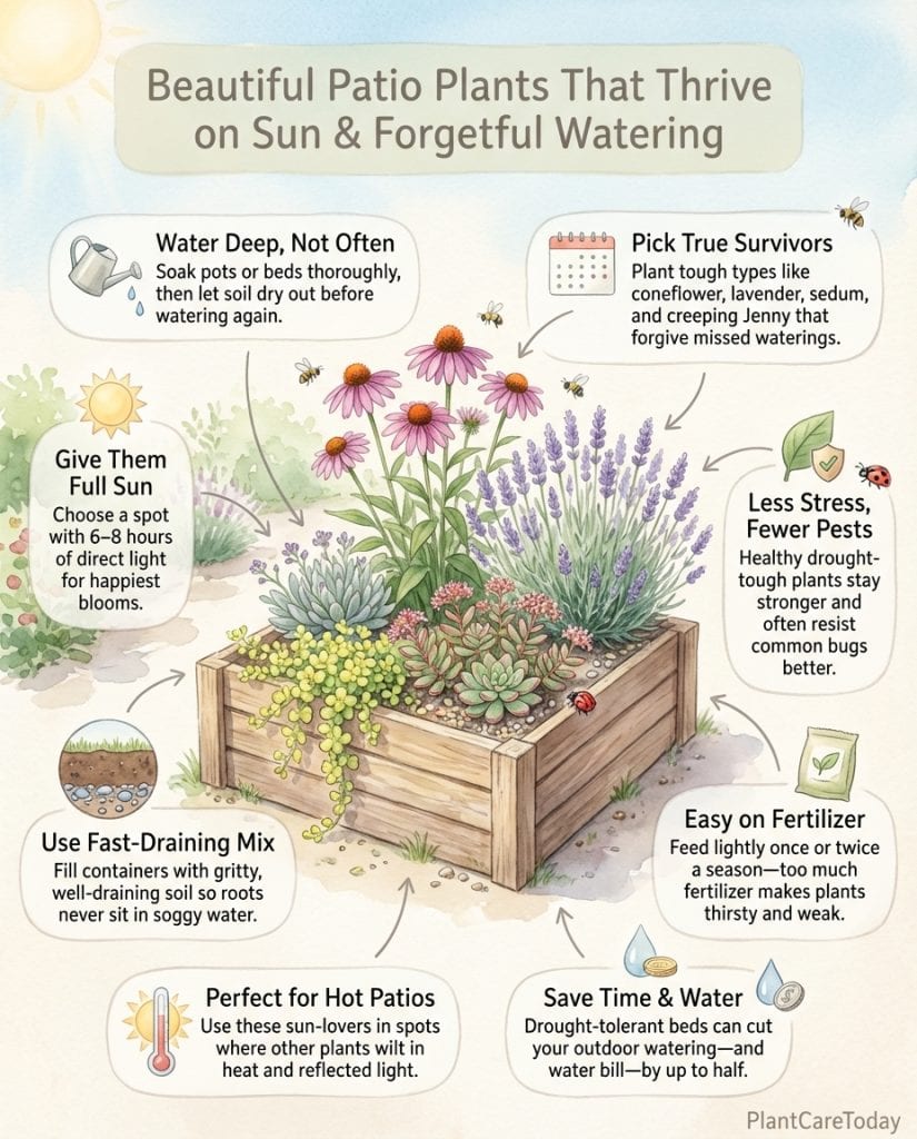 Drought-tolerant garden infographic showing 11 low-maintenance flowering plants with water usage comparison chart