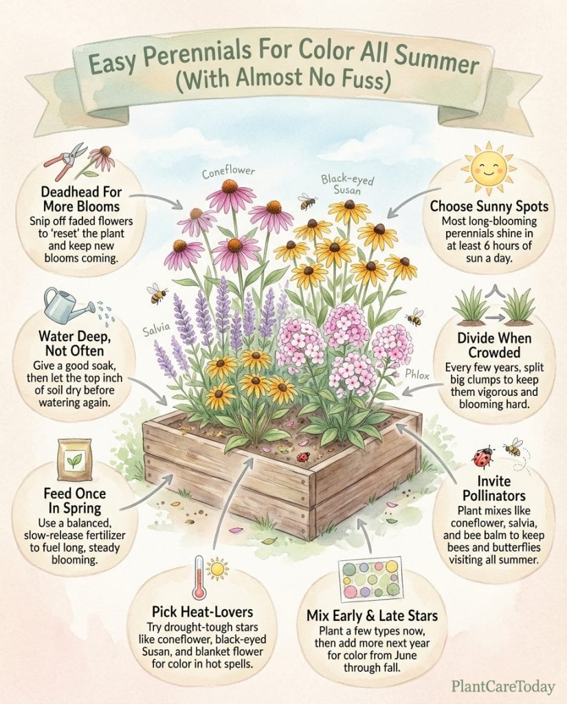 Infographic showing 11 long-blooming perennial flowers with bloom duration timeline and pollinator attraction levels