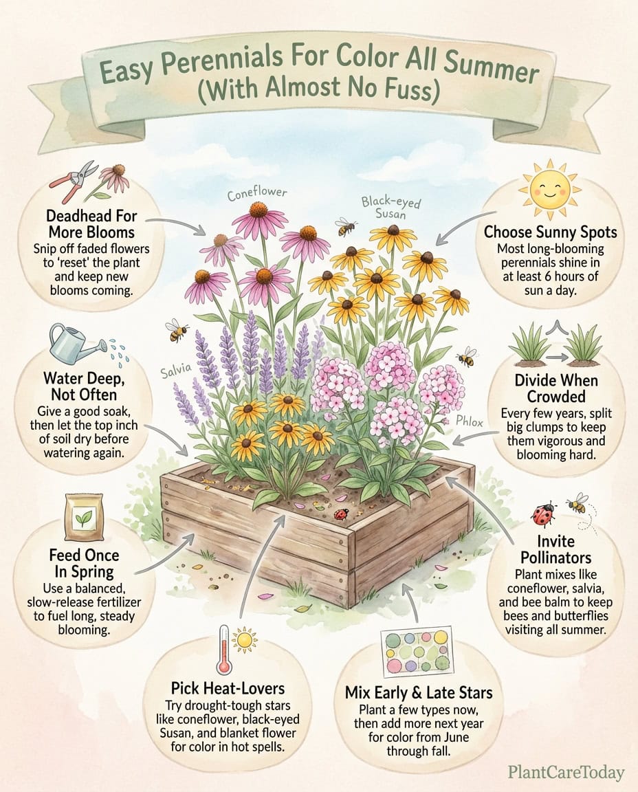 Infographic showing 11 long-blooming perennial flowers with bloom duration timeline and pollinator attraction levels