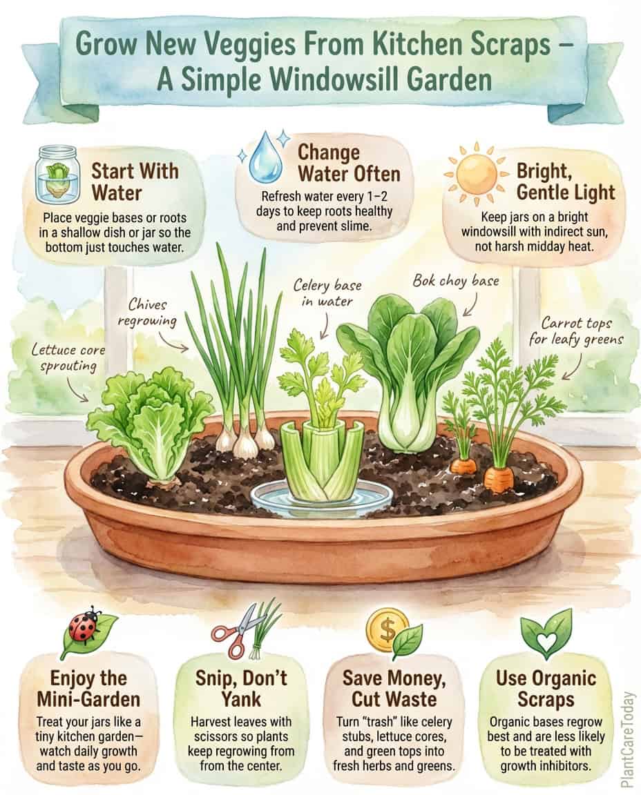 Infographic displaying ten kitchen scrap vegetables that regrow in water with visual growth timelines