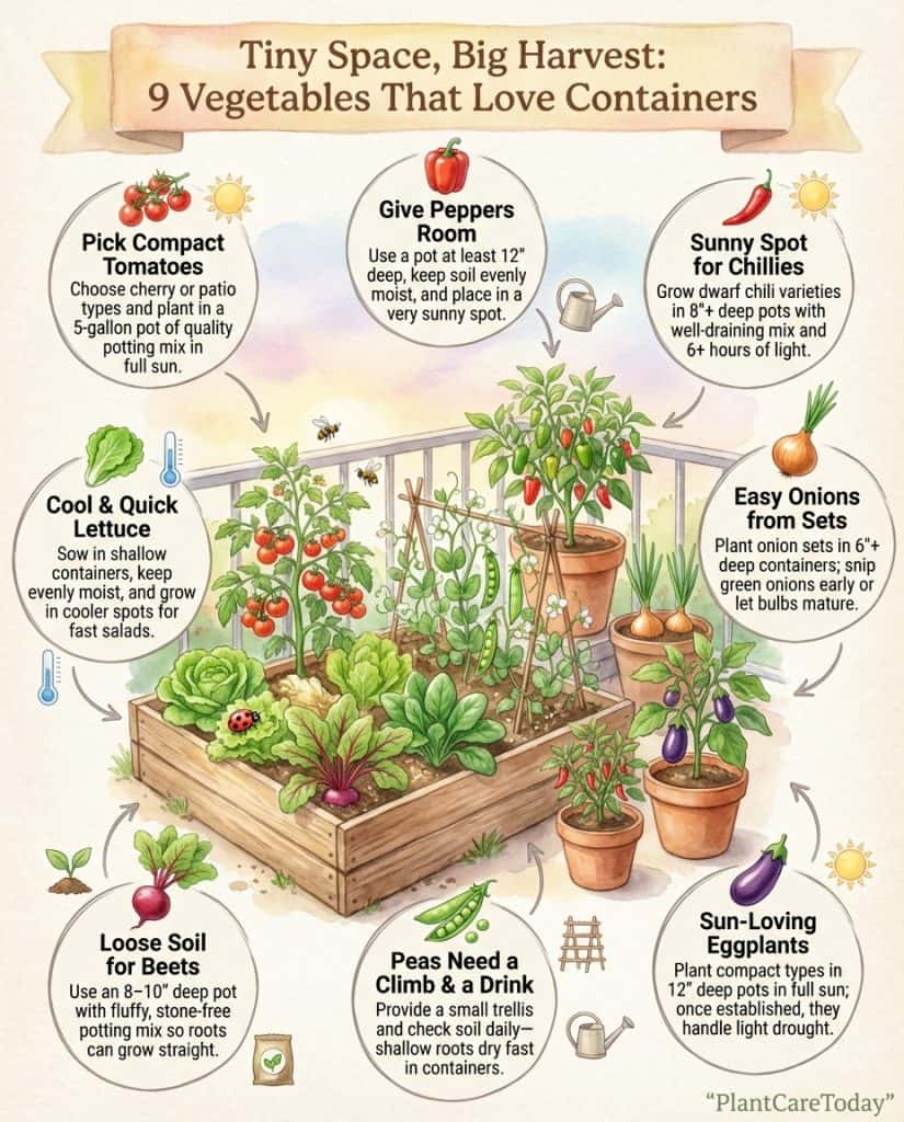Container vegetable gardening infographic featuring nine pot-friendly crops with growing container examples