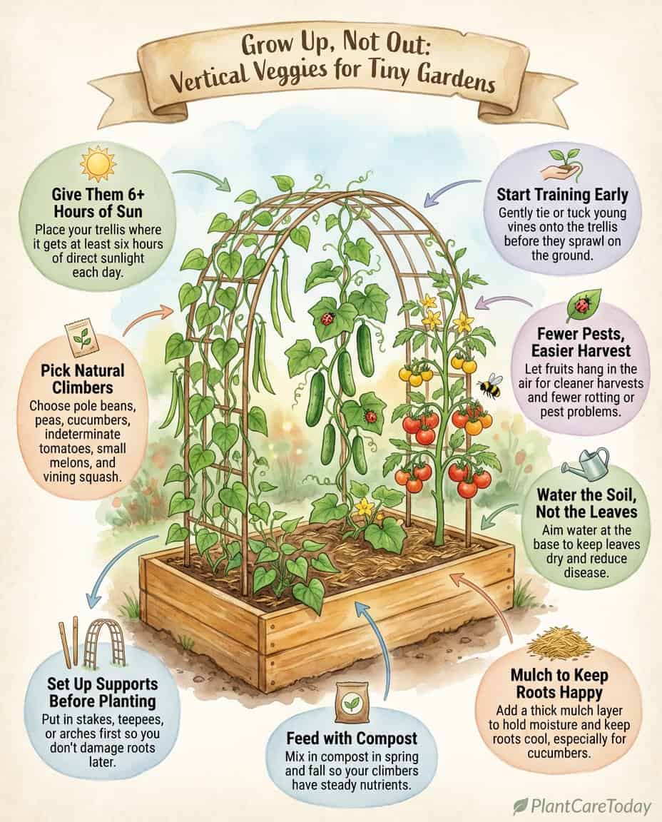 Vertical gardening infographic showing six climbing vegetables with space-saving growing techniques