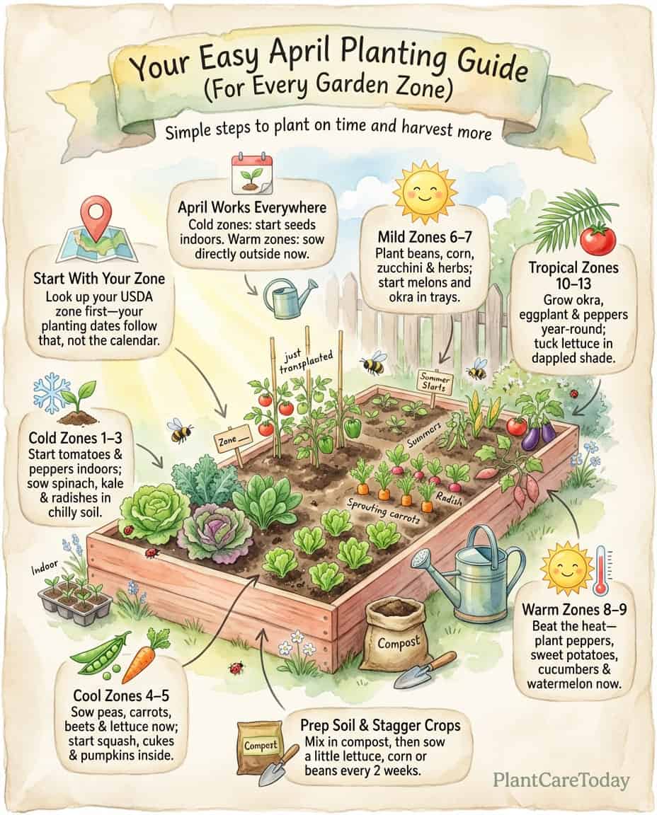 April planting infographic organized by USDA hardiness zones with vegetable and flower recommendations