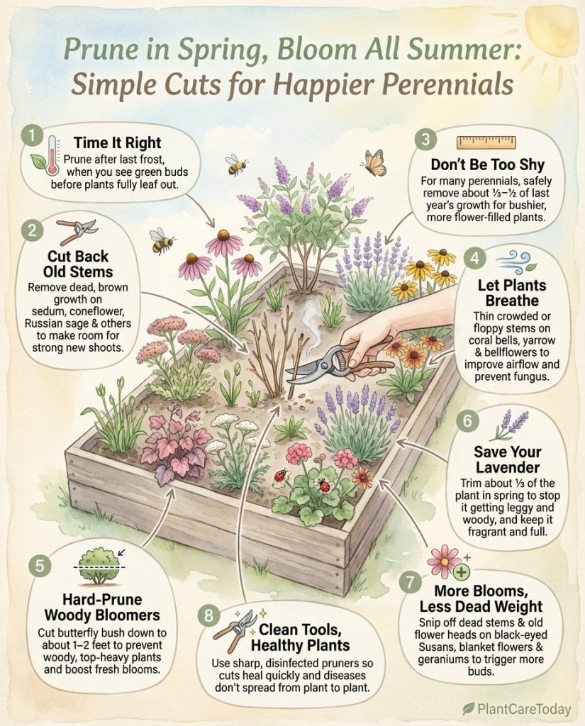 Infographic showing spring perennial pruning techniques with visual guides for cutting back dead growth