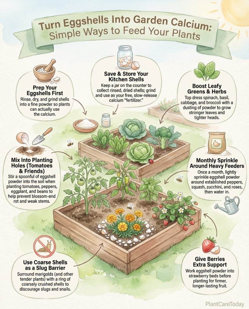 Eggshell garden use infographic showing preparation methods and twelve calcium-loving plant varieties