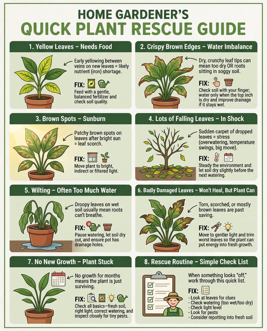 Infographic displaying seven common houseplant distress symptoms with diagnostic visual guides